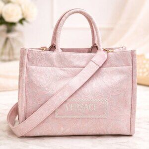 Authentic Versace La Medusa Jacquard Tote Bag Pink Canvas Top Handle Crossbody
